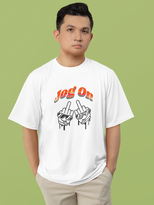 Male wearing a white t-shirt with graphic design and text - Jog On and Middle Finger on a green background