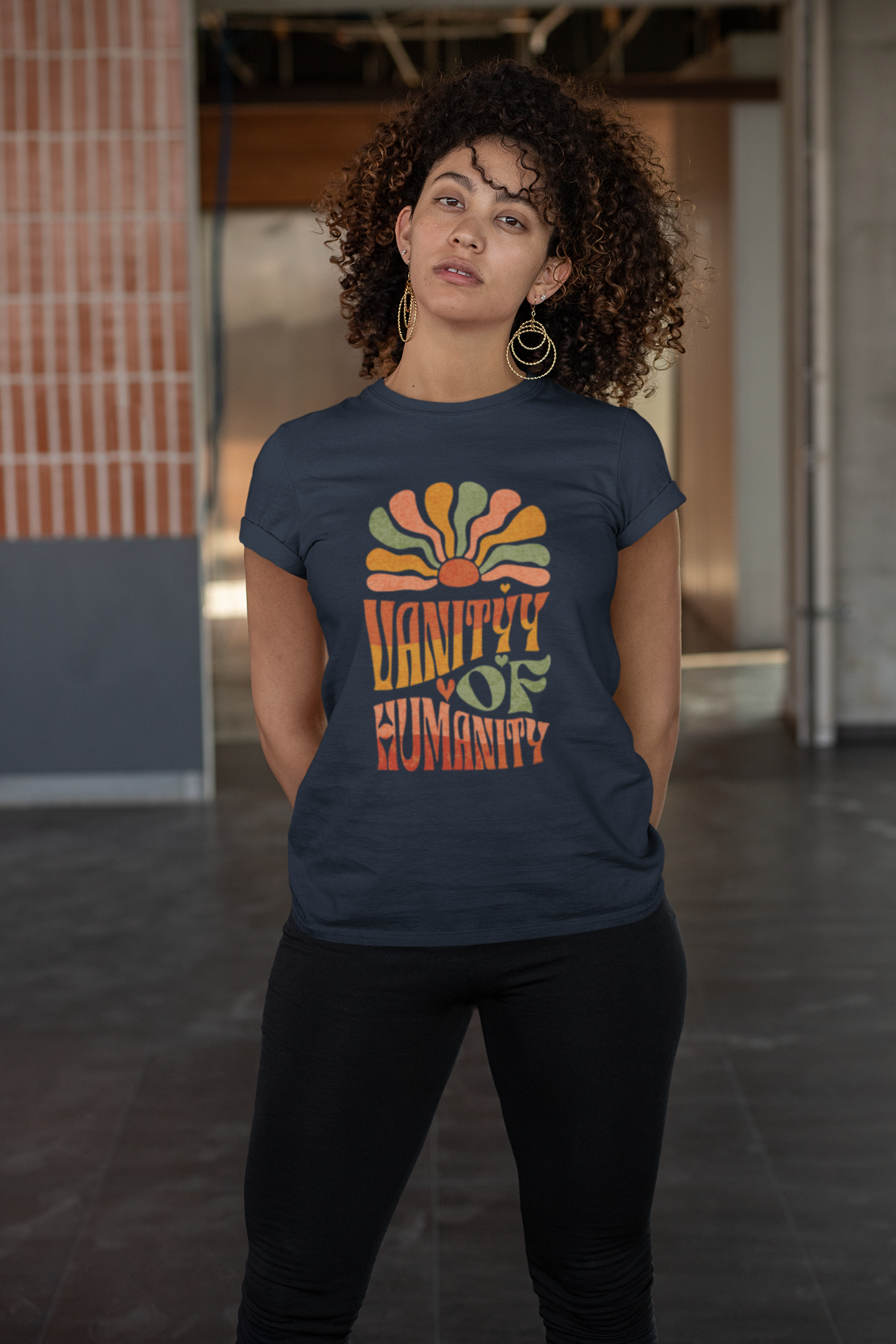 Person wearing navy Vanity of Humanity Unisex Tee - Funny offensive graphic streetwear. Unisex fit, bold design, and savage Zero Filterz style.
