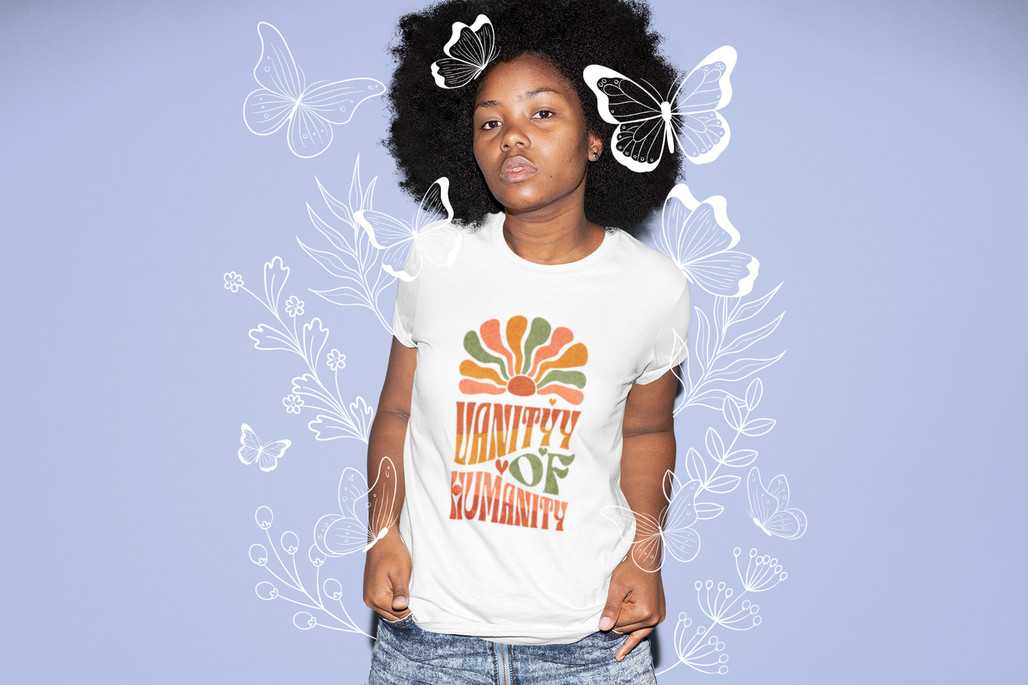 Person wearing white Vanity of Humanity Unisex Tee - Funny offensive graphic streetwear. Unisex fit, bold design, and savage Zero Filterz style.