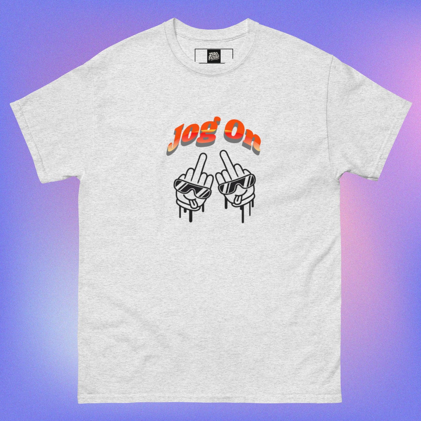 Flat lay of ash Jog on Shirt with bold graphic design.