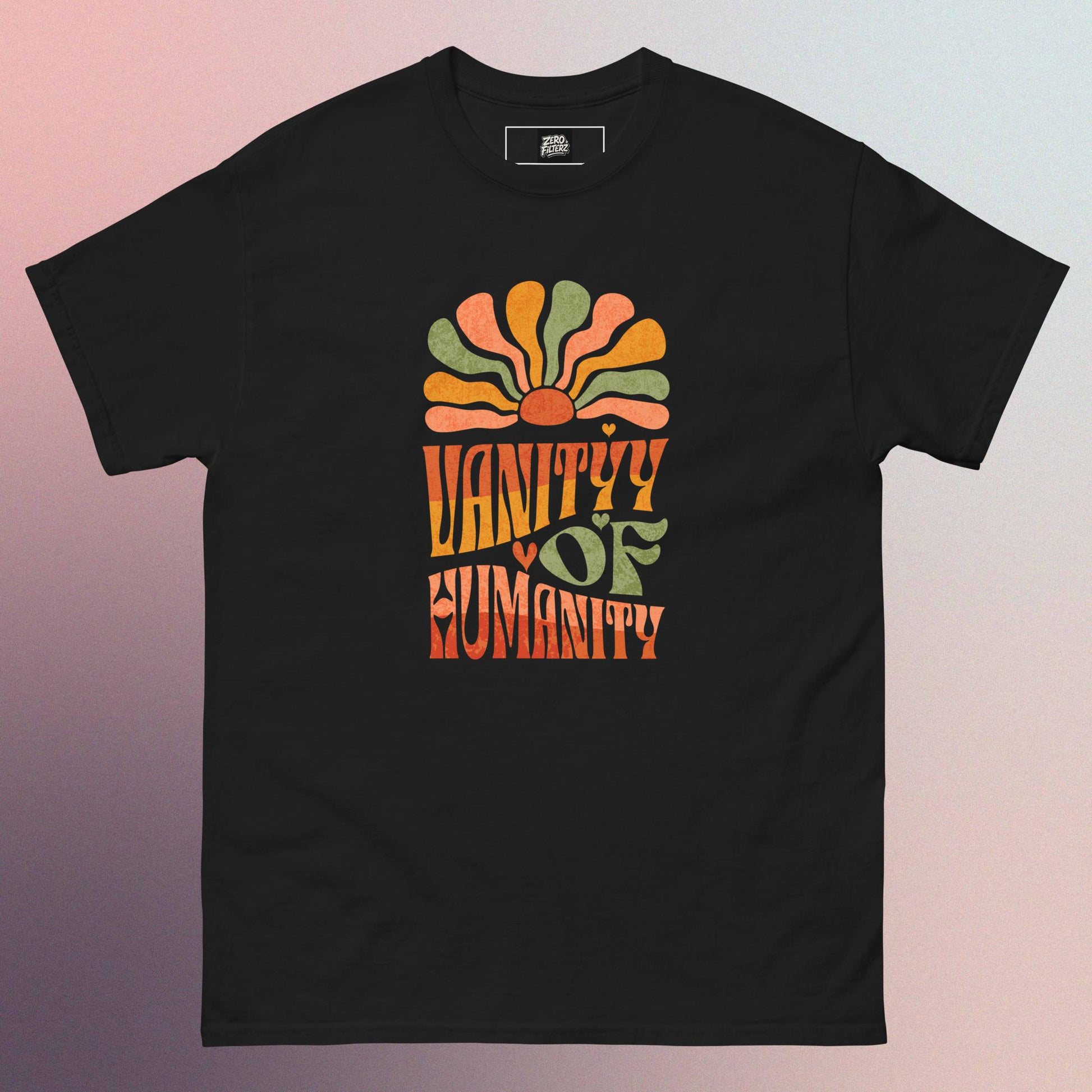 Black Vanity of Humanity Unisex Tee - Funny offensive graphic streetwear. Unisex fit, bold design, and savage Zero Filterz style.