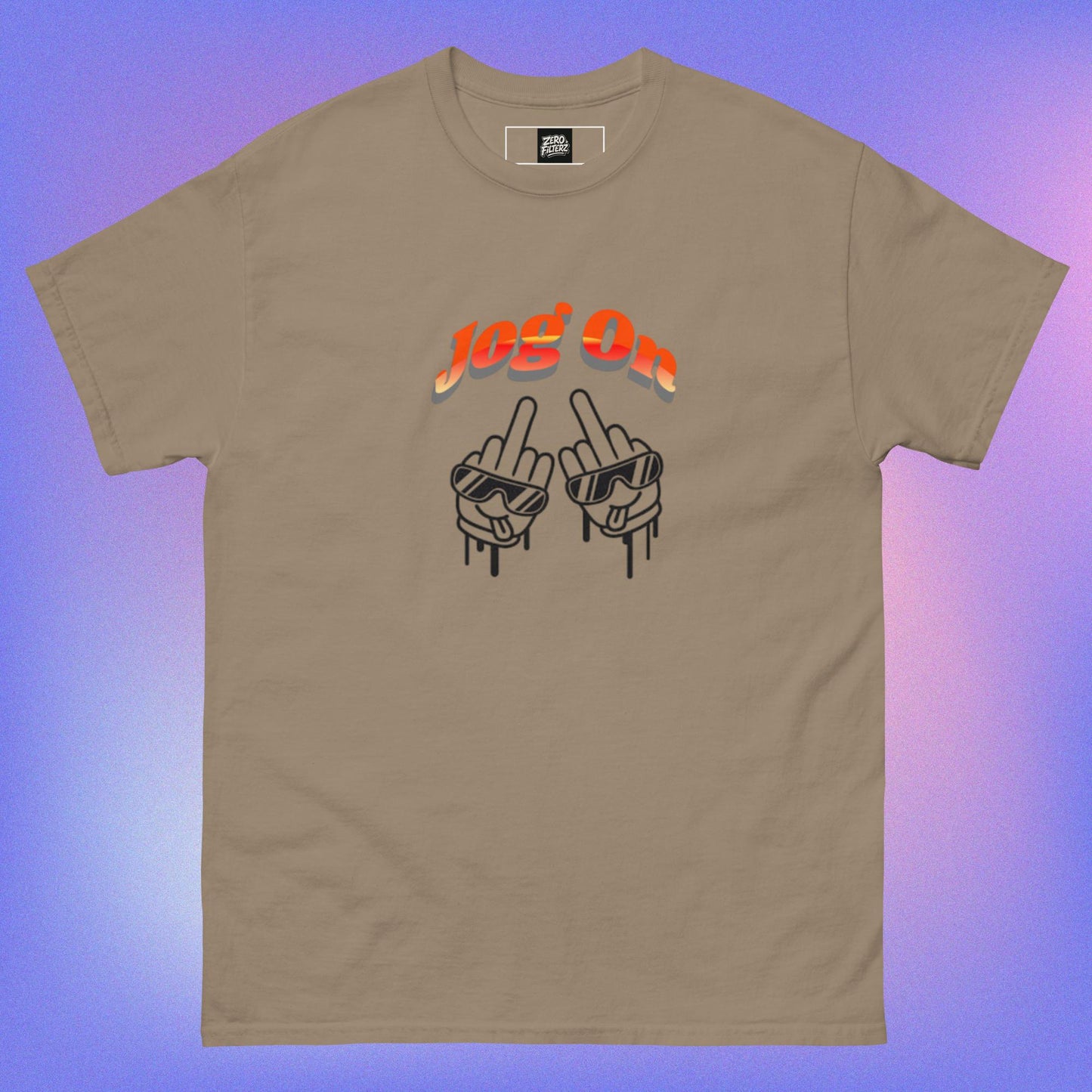 Flat lay of brown savana Jog on Shirt with bold graphic design.